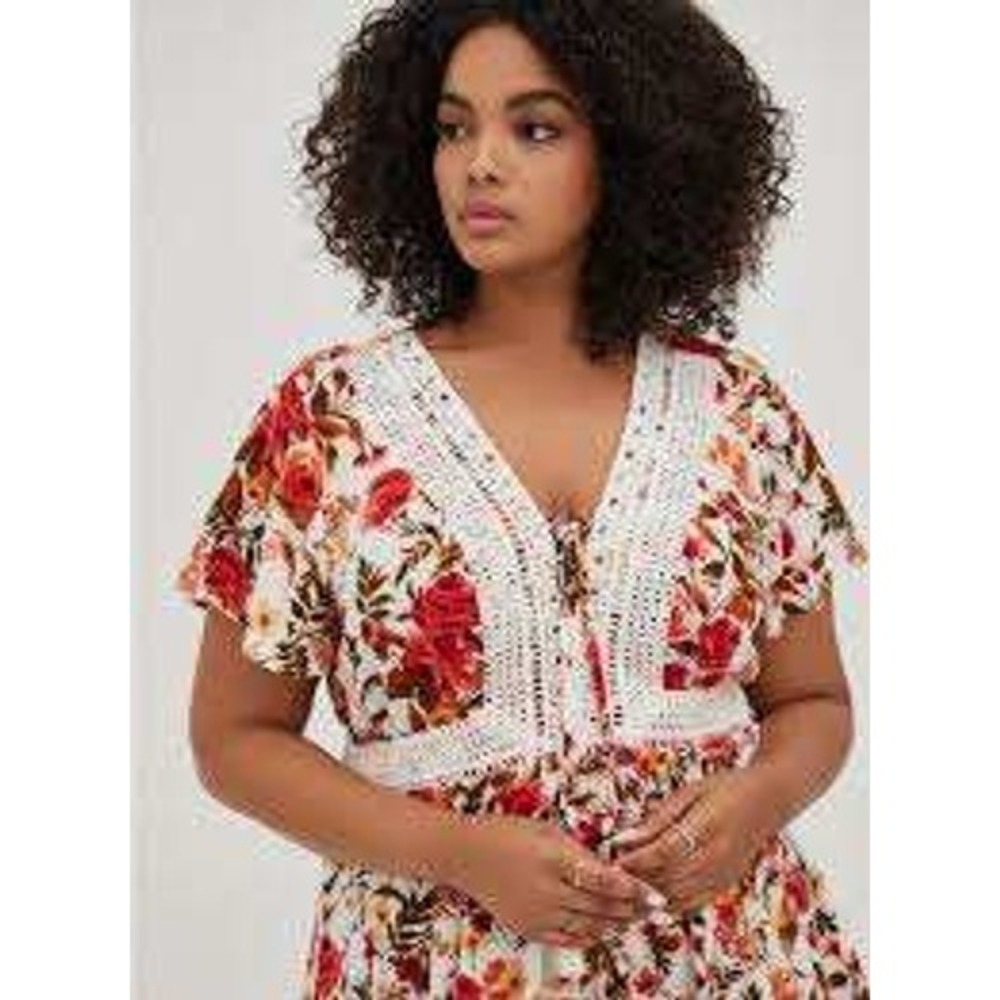 Torrid Babydoll Top 2X Womens 2 Crinkle Gauze Crochet Lace Up Cottagecore Boho